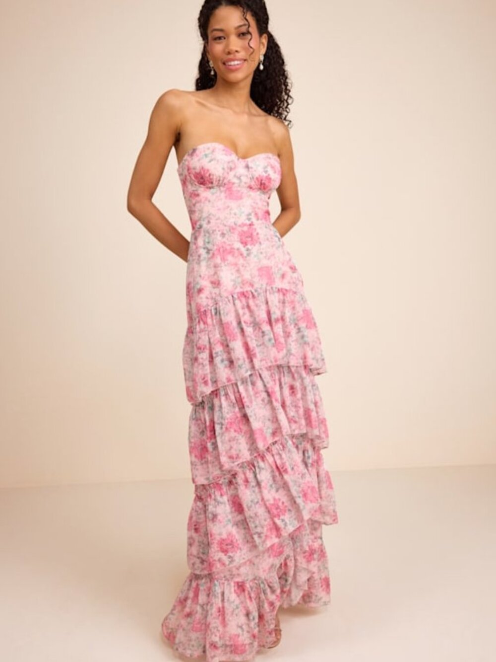 Lulus Dessie Light Pink Floral Tiered Maxi Dress - Size XL